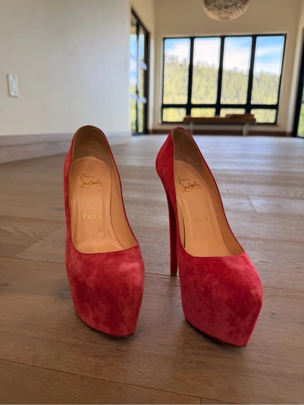 Christian Louboutin Red Suede Platform Pumps with High Stiletto Heel